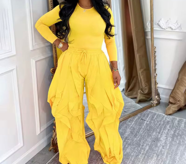 Women Fashion Solid Color Full Sleeve Two Piece Ruffled Pant Set