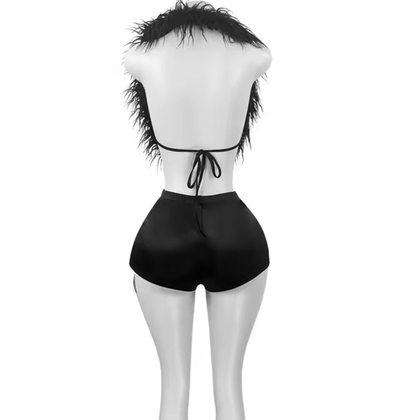 Women Sexy Sleeveless Color Feather Two Piece Short Set