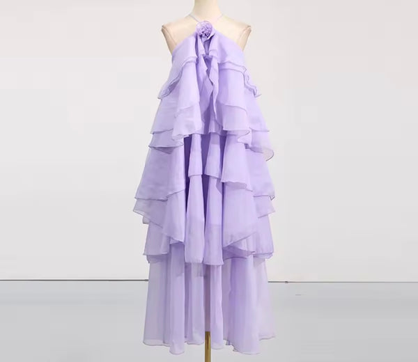 Women Sexy Halter Sleeveless Ruffled Color Maxi Dress