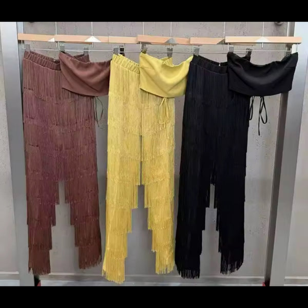 Women Color Strapless Corset Two Piece Fringe Tassel Pant Set