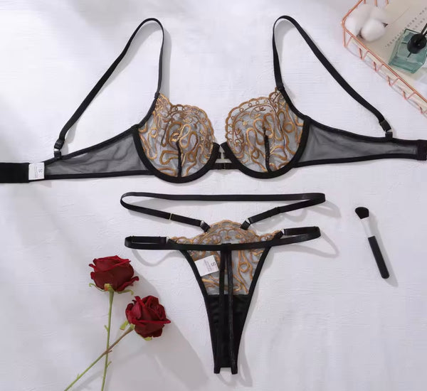 Women Sexy Black Embroidery Print Mesh Lingerie Set