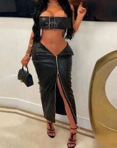 Women Sexy Buckled Strapless Zipper Two Piece Maxi Skirt Set