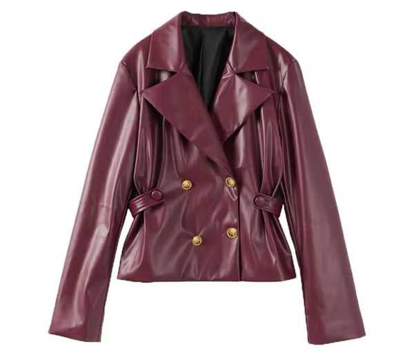 Women Fashion Faux Leather Burgundy Jacket Two Piece Pleated Skirt Set