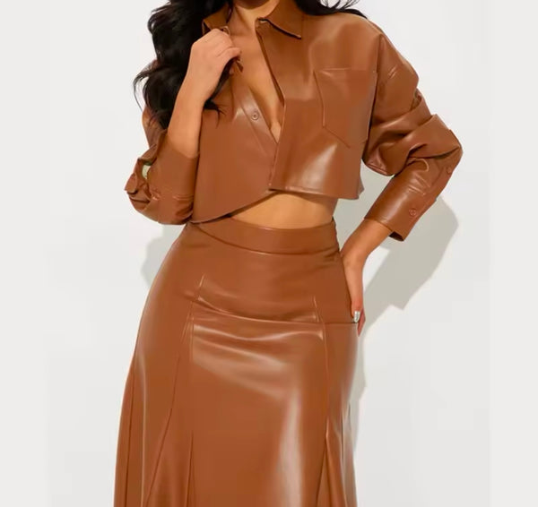 Women Sexy Faux Leather Button Up Full Sleeve Two Piece Maxi Skirt Set