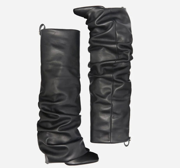 Women Fashion Faux Leather Black Ruched Knee High Boots