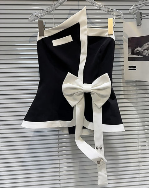 Women Sexy Strapless B&W Bow Crop Top