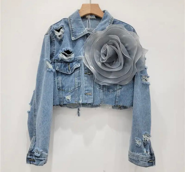 Women Fashion Ripped Floral Denim Jacket