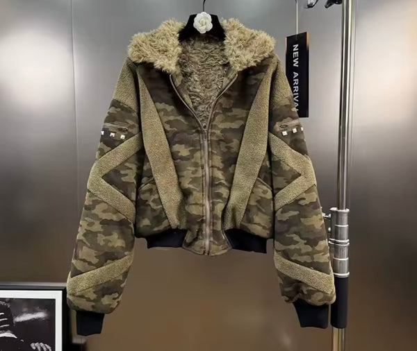 Women Camouflage Faux Fur Patchwork Two Piece Skirt Set