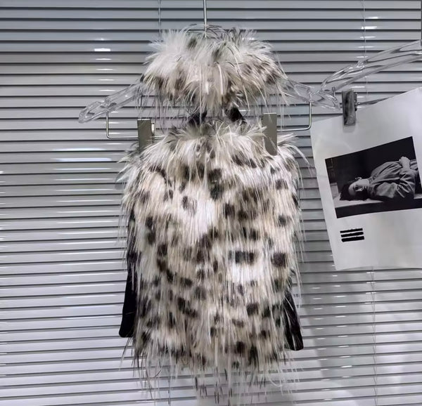 Women Colorful Leopard Print Faux Fur Halter Sleeveless Top