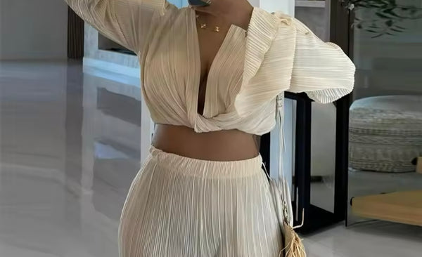 Women Sexy Full Sleeve Crop Solid Color Two Piece Pant Set