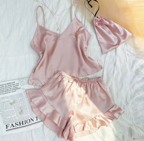 Women Sleeveless Satin Ruffled Lingerie Set