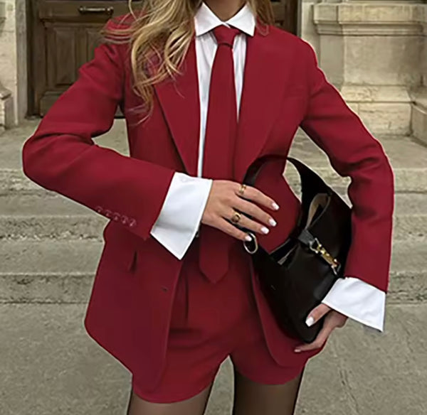Women Red Fashion Tie Blazer Two Piece Short Set