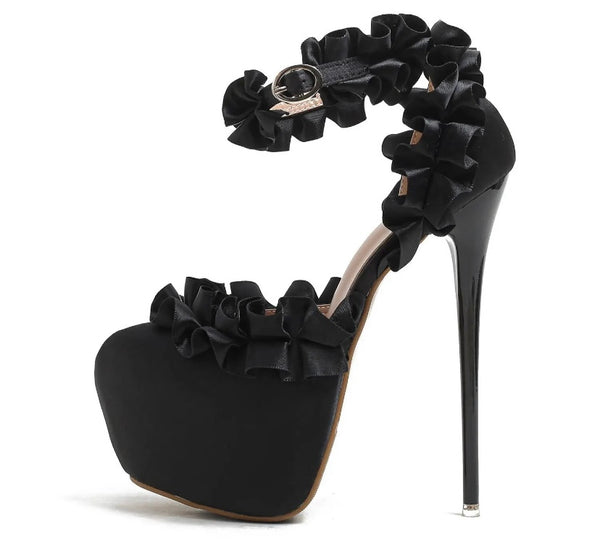 Women Fashion Ruffled Platform Ankle Strap High Heels