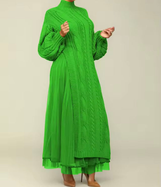 Women Turtleneck Full Sleeve Knitted Sweater Maxi Dress