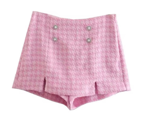 Women Sexy Pink Tweed Bling Button Blazer Two Piece Short Set