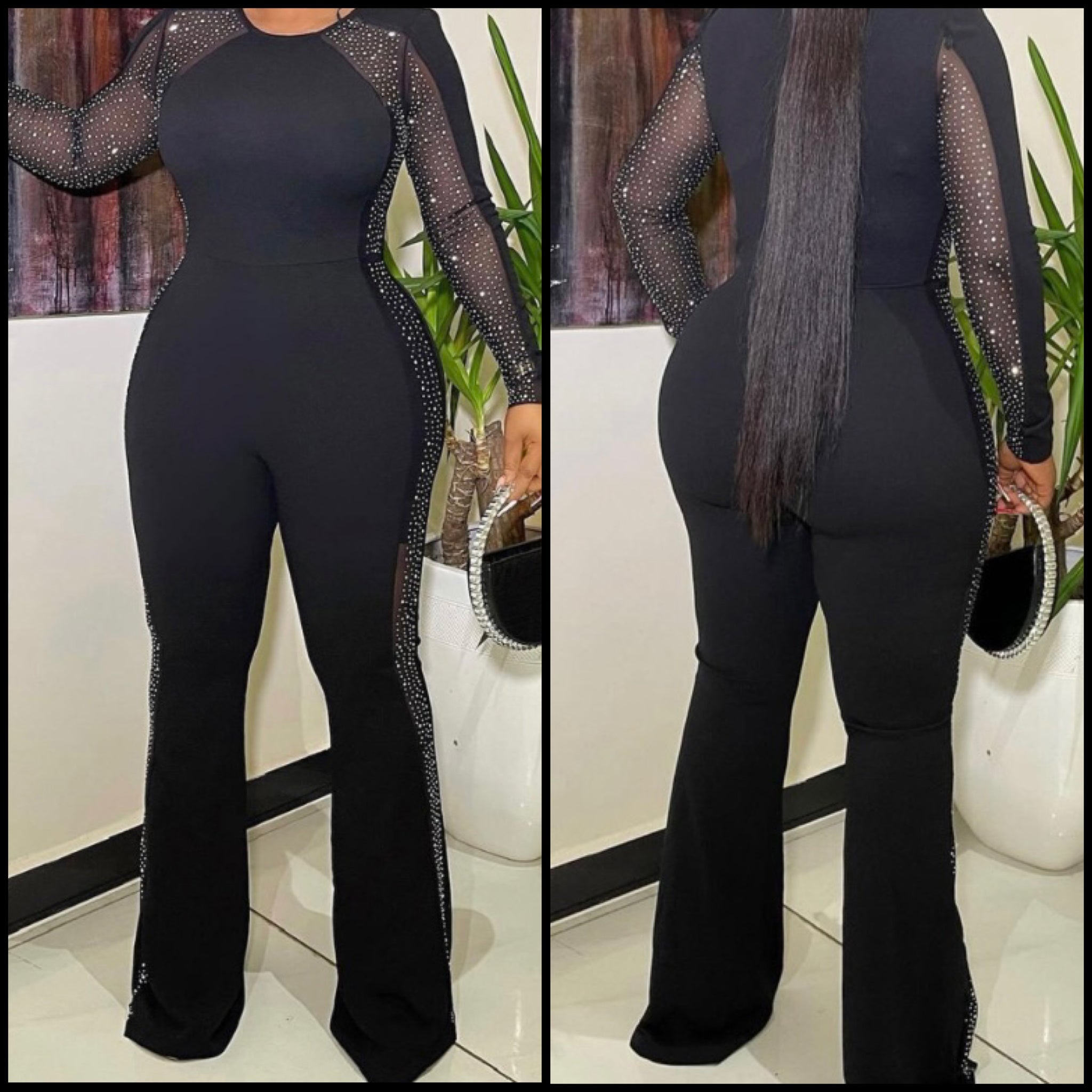 Women Sexy Mesh Bling Patchwork Full Sleeve Jumpsuit