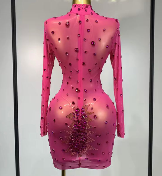 Women Sexy Bling Crystal Mesh Full Sleeve Dress