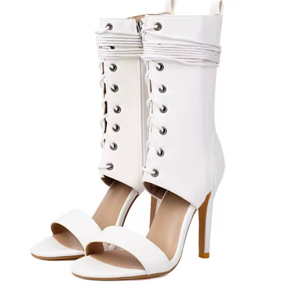 Women Color Open Toe Fashion Lace Up Ankle High Heel Boots