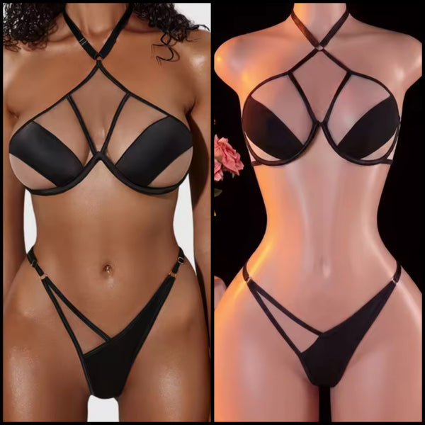 Women Sexy Black Halter Cut Out Lingerie Set