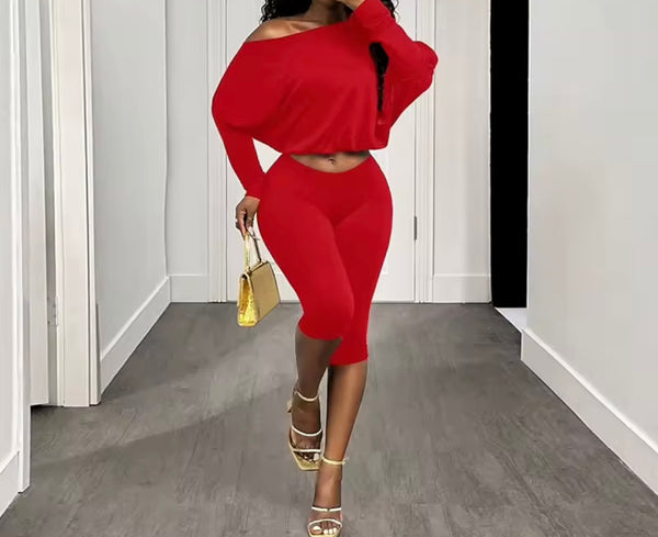 Women Off The Shoulder Full Sleeve Two Piece Capri Pant Set