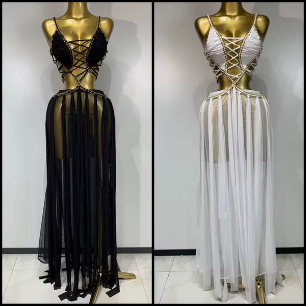 Women Sexy Sleeveless Chain Lace Up Mesh Maxi Dress
