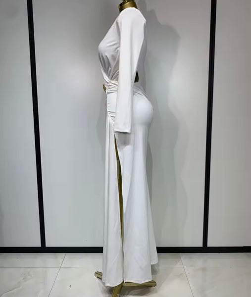 Women White Cut Out Ruched Full Sleeve Bling Pin Maxi Dress