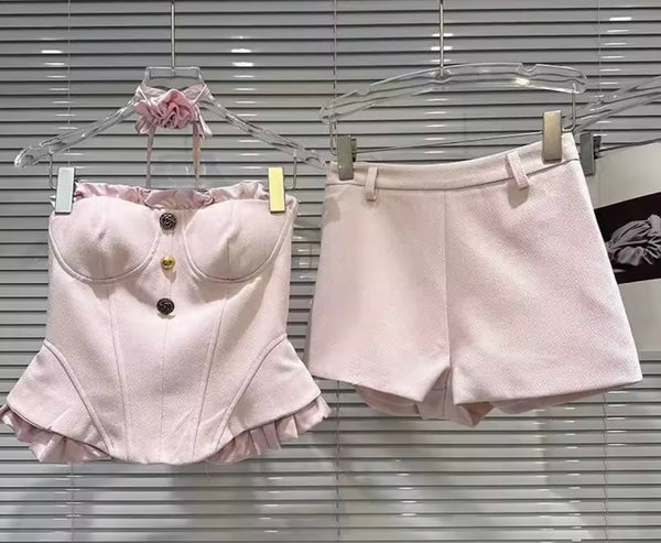 Women Pink Ruffle Strapless Two Piece Short Set