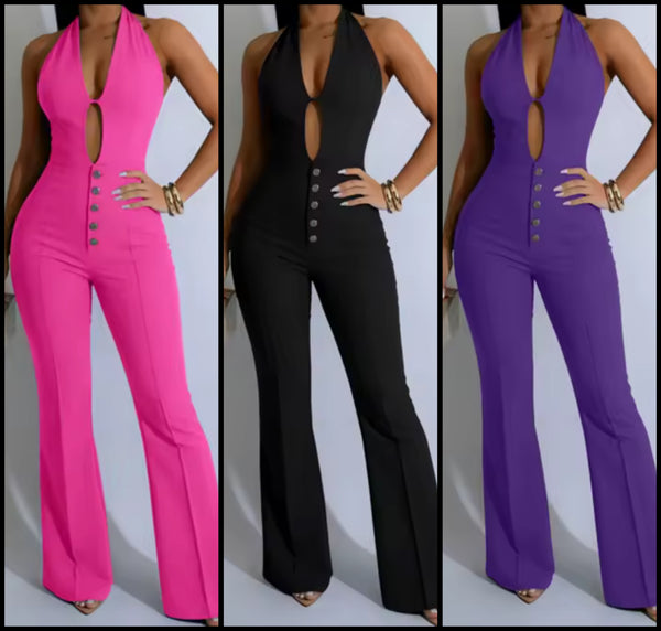 Women Sexy Button Cut Out Halter Sleeveless Jumpsuit