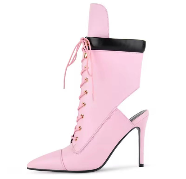 Women Fashion Pointed Toe Lace Up Cut Out High Heel Ankle Boots