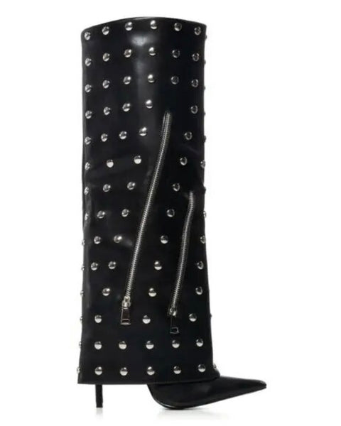 Women Black Rivet Zipper Faux Leather Knee High Boots