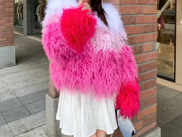 Women Fashion Pink Gradient Faux Fur Jacket