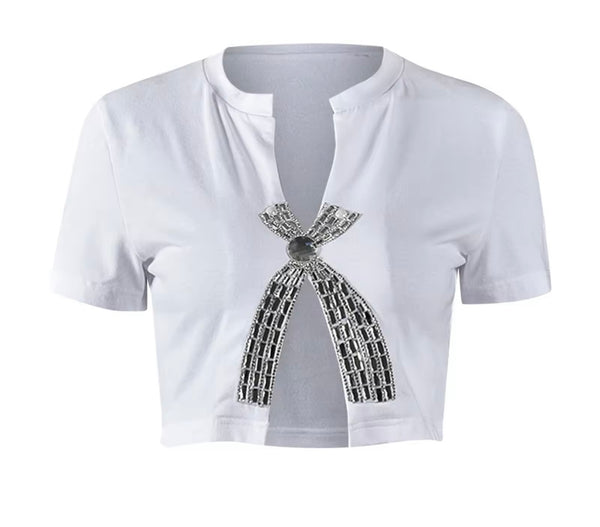 Women Fashion Short Sleeve Bling Bow Crop Top