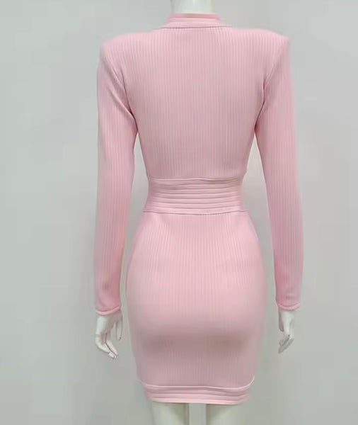 Women Pink Gold Button Full Sleeve Sexy Dress