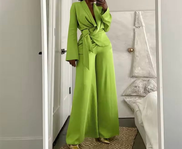 Women Color Fashion Tie Up Blazer Two Piece Wide Leg Pant Set