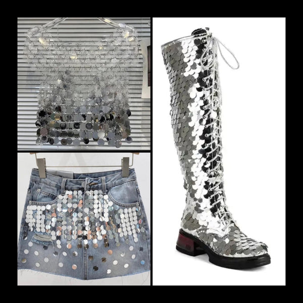 Women Fashion Silver Sequins Lace Up Knee High Boots