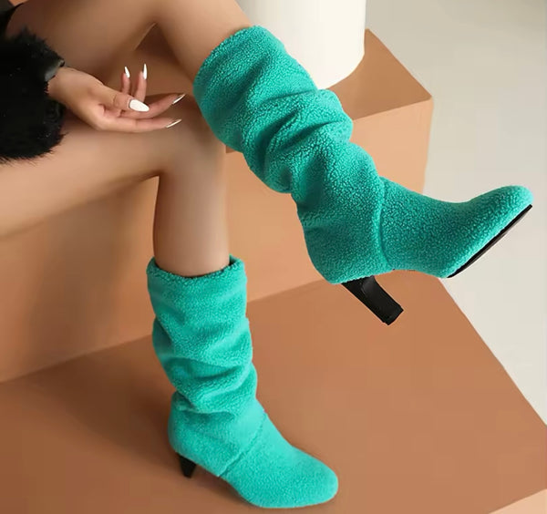 Women Color Fashion Wool High Heel Boots