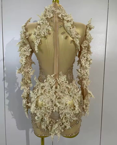Women Sexy Sequins Rhinestone Mesh Full Sleeve Dress