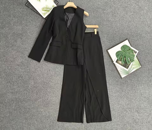 Women Black One Shoulder Blazer Fashion Two Piece Wrap Pant Set