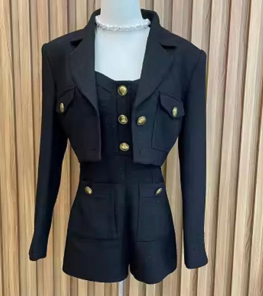 Women Black Button Up Tweed Two Piece Blazer Romper Set