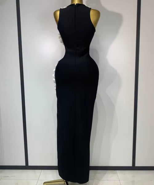 Women Sexy Sleeveless B&W Flower Cut Out Bandaged Maxi Dress