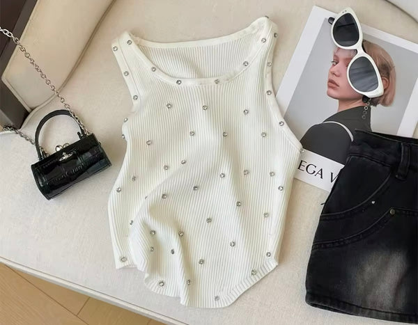 Women Sleeveless Fashion Ribbed Rhinestone Tank Top