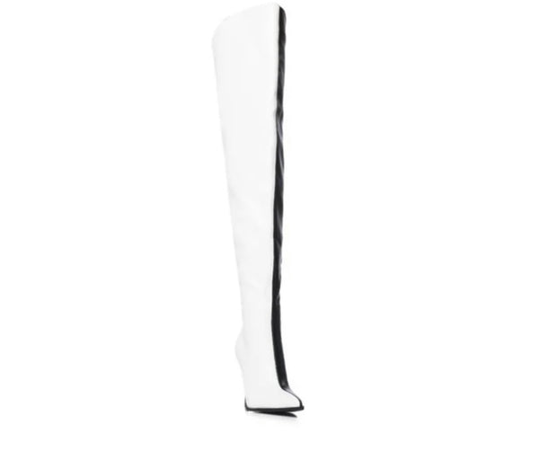 Women Fashion B&W Faux Leather Over The Knee Boots