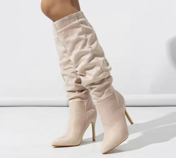 Women Fashion Suede Ruched Knee High Boots