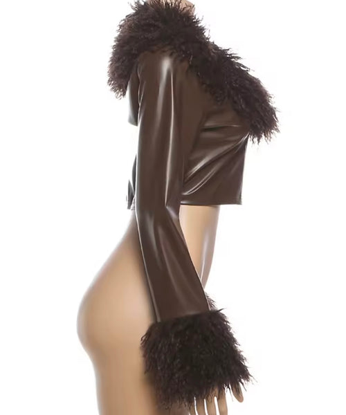 Women Brown Fur Patchwork Faux Leather Fashion Jacket