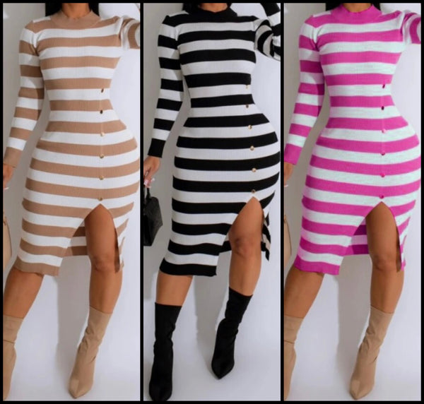 Women Sexy Striped Full Sleeve Button Dress