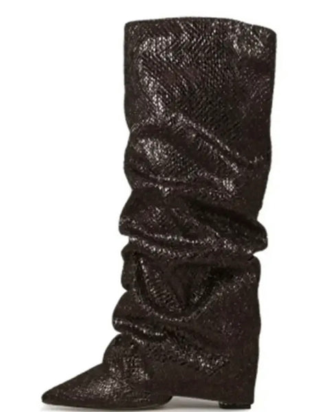 Women Color Ruched Sequins Fashion Knee High Boots