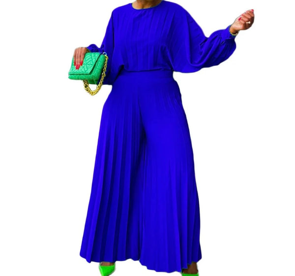 Women Fashion Full Sleeve Solid Color Two Piece Pleated Pant Set