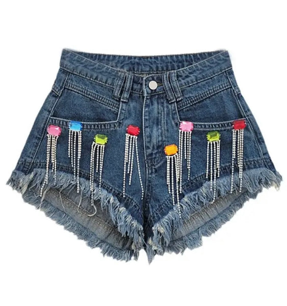 Women Ripped Color Crystal Tassel Fashion Denim Shorts