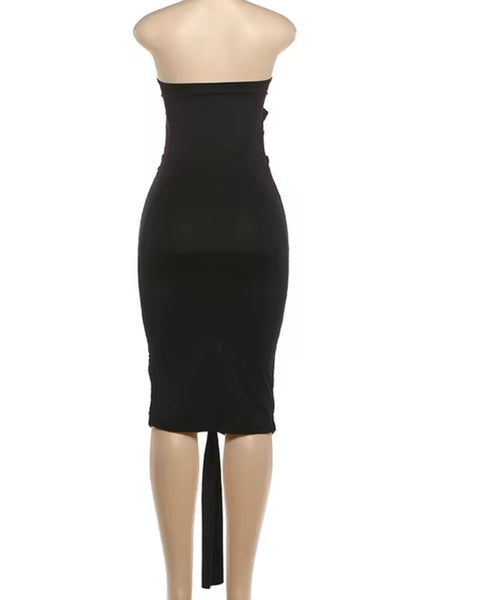 Women Black Sexy Strapless Cut Out Tassel Dress