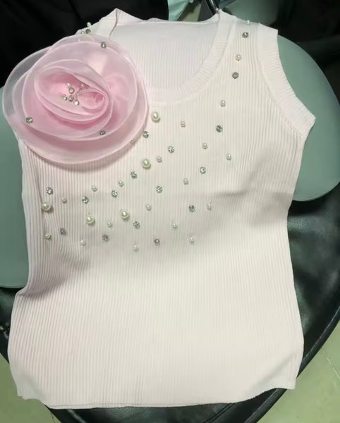 Women Sleeveless Floral Pearl Rhinestone Ribbed Tank Top